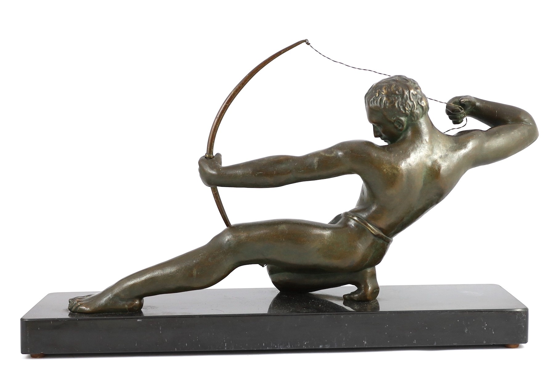 Salvator Riolo. NB. An Art Deco bronze figure of an archer, length 69cm depth 17cm height 39cm